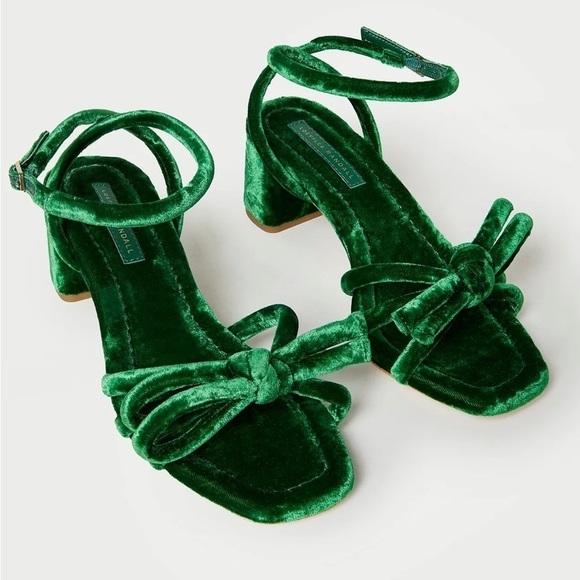 NWB Loeffler Randall Mikel Velvet Bow Mid Heel Sandals in Spruce Green Size 7 - Picture 2 of 8